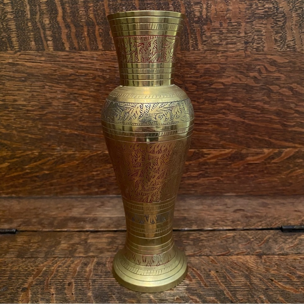 Vintage Brass Vase Leaves Engraved Etched 7.75" Tall
